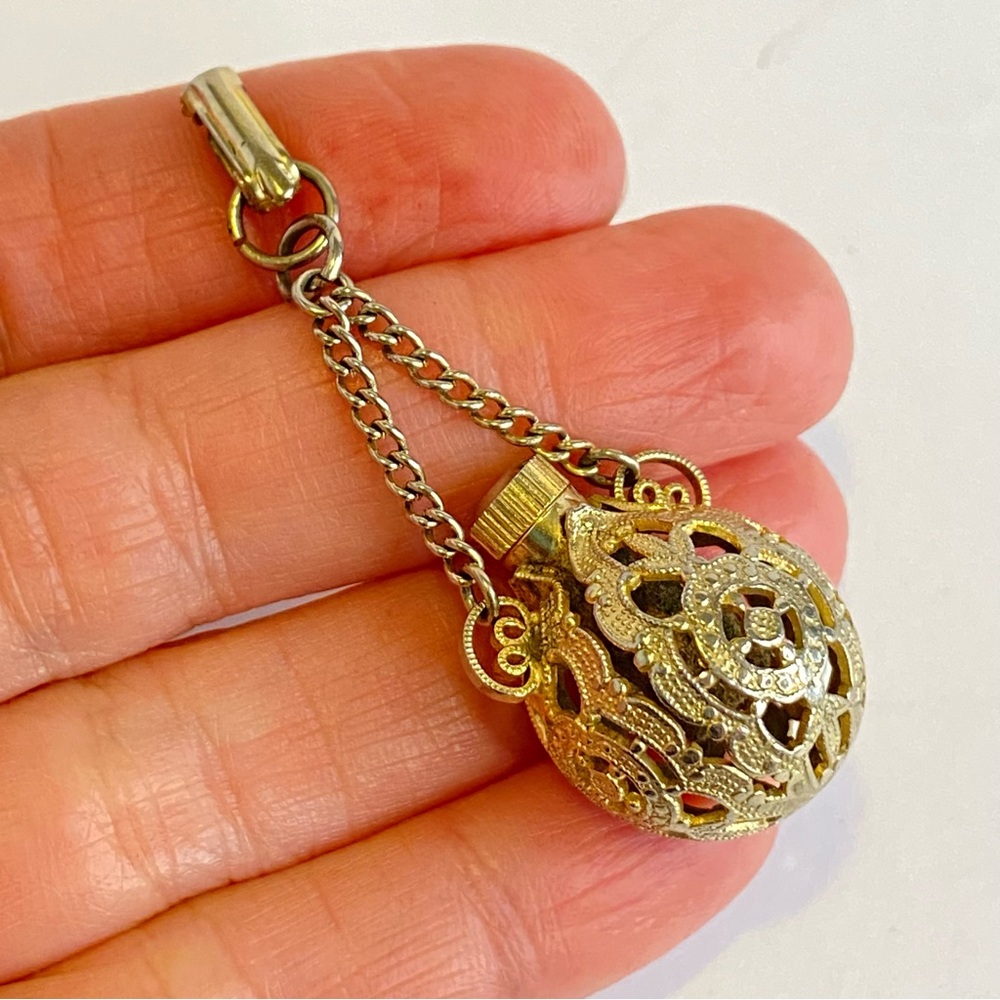 Vintage Gold Tone Filigree Perfume Vial Pendant Mid-Century Victorian Revival